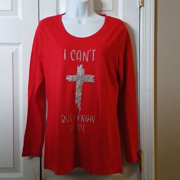 Red long sleeve cross shirt I Can't But I know a Guy tshirt Sz L Juniors - Picture 1 of 5